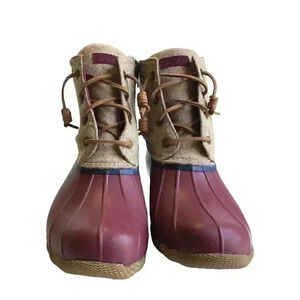 Sperry Saltwater Wool Womens 7 Rain Duck Boots Tan Burgundy Lace Up Fall Winter